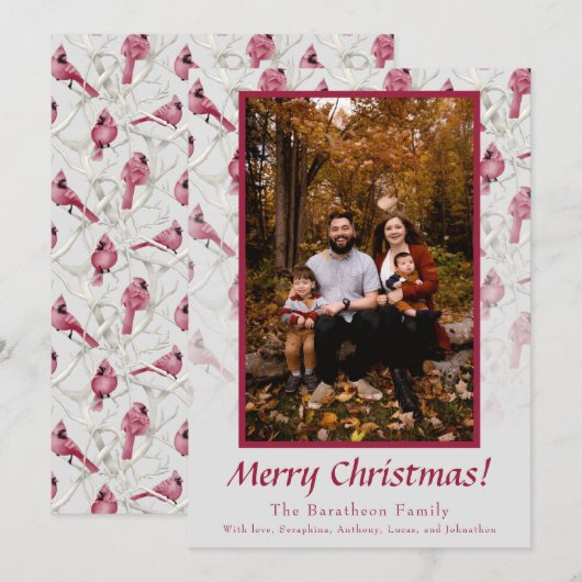 Rode kerstkardinaal - Gepersonaliseerde familie Feestdagenkaart (Voorkant / Achterkant)