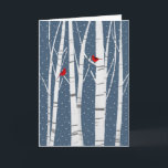 Rode kerstkardinalen in sneeuwvlokken feestdagen kaart<br><div class="desc">Paar van rode kardinalen in een berkenboom met sneeuwvlokken op een sterrenblauwe achtergrond.</div>