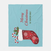 Rode Kerstkous op Blauw met Aangepaste Tekst Fleece Deken (Voorkant)