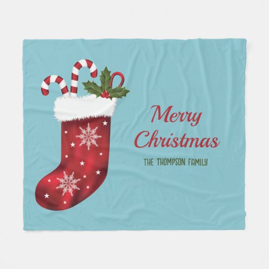 Rode Kerstkous op Blauw met Aangepaste Tekst Fleece Deken (Voorkant (Horizontaal))