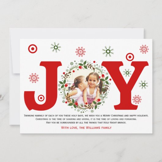 Rode Kerstkrans met foto en het woord Joy Feestdagenkaart (Voorkant)