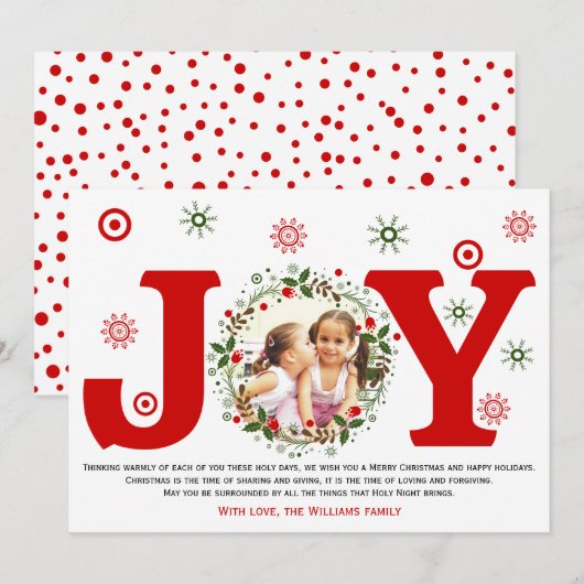 Rode Kerstkrans met foto en het woord Joy Feestdagenkaart (Voorkant / Achterkant)