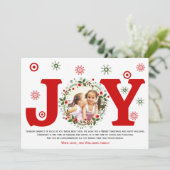 Rode Kerstkrans met foto en het woord Joy Feestdagenkaart (Staand voorkant)