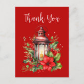 Rode Kerstlantaarn Poinsettia Dank u Briefkaart (Voorkant)