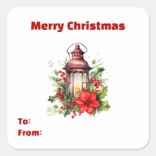 Rode Kerstlantaarn Poinsettia en Dennencadeau Vierkante Sticker