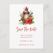 Rode Kerstlantaarn Poinsettia en Pine Aankondigingskaart (Voorkant)