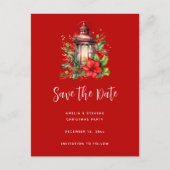 Rode Kerstlantaarn Poinsettia en Pine Aankondigingskaart (Voorkant)