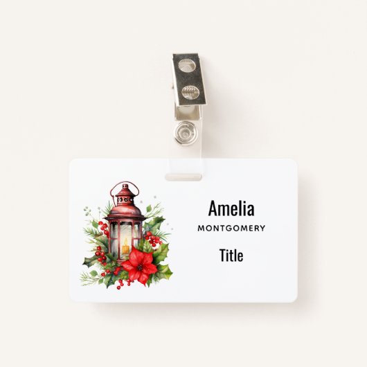 Rode Kerstlantaarn Poinsettia en Pine Badge (Voorkant met clip)