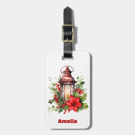 Rode Kerstlantaarn Poinsettia en Pine Bagagelabel (Voorkant verticaal)