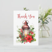 Rode Kerstlantaarn Poinsettia en Pine Bedankkaart (Staand voorkant)