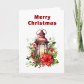 Rode Kerstlantaarn Poinsettia en Pine Feestdagen Kaart (Voorkant)