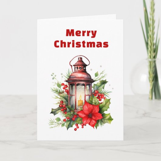 Rode Kerstlantaarn Poinsettia en Pine Feestdagen Kaart (Voorkant)