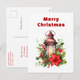 Rode Kerstlantaarn Poinsettia en Pine Feestdagenkaart