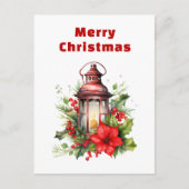 Rode Kerstlantaarn Poinsettia en Pine Feestdagenkaart (Voorkant)