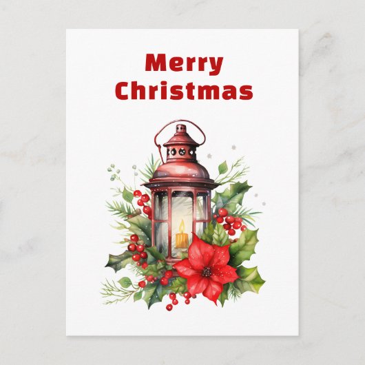 Rode Kerstlantaarn Poinsettia en Pine Feestdagenkaart (Voorkant)