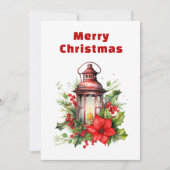 Rode Kerstlantaarn Poinsettia en Pine Feestdagenkaart (Voorkant)