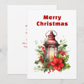 Rode Kerstlantaarn Poinsettia en Pine Feestdagenkaart (Voorkant / Achterkant)
