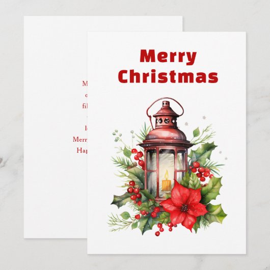 Rode Kerstlantaarn Poinsettia en Pine Feestdagenkaart (Voorkant / Achterkant)