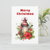 Rode Kerstlantaarn Poinsettia en Pine Feestdagenkaart (Staand voorkant)