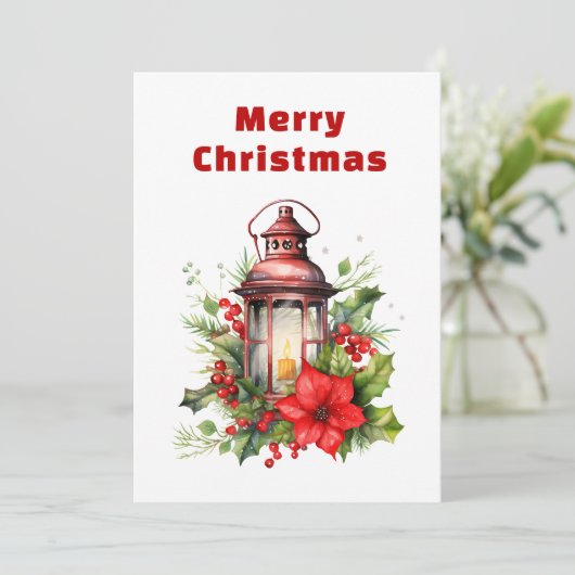Rode Kerstlantaarn Poinsettia en Pine Feestdagenkaart (Staand voorkant)
