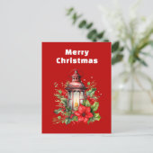 Rode Kerstlantaarn Poinsettia en Pine Feestdagenkaart (Staand voorkant)