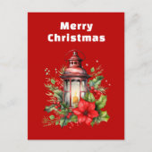Rode Kerstlantaarn Poinsettia en Pine Feestdagenkaart (Voorkant)