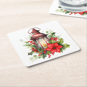 Rode Kerstlantaarn Poinsettia en Pine Kartonnen Onderzetters