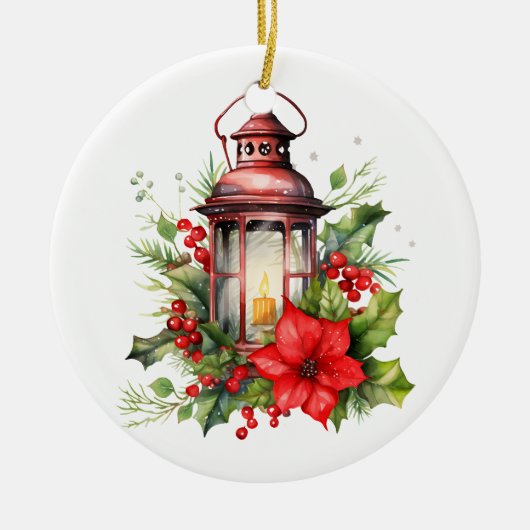 Rode Kerstlantaarn Poinsettia en Pine Keramisch Ornament (Voorkant)
