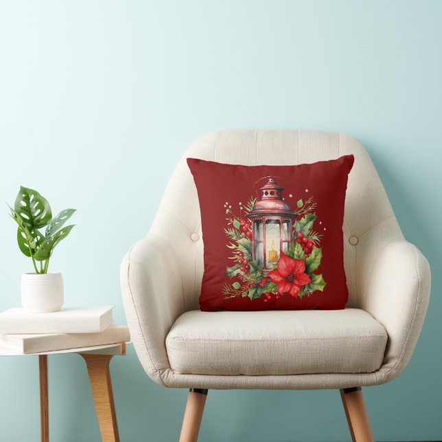 Rode Kerstlantaarn Poinsettia en Pine Kussen (Stoel)
