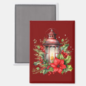 Rode Kerstlantaarn Poinsettia en Pine Magneet (Voorkant / Achterkant)