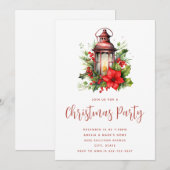 Rode Kerstlantaarn Poinsettia en Pine Party Kaart (Voorkant / Achterkant)