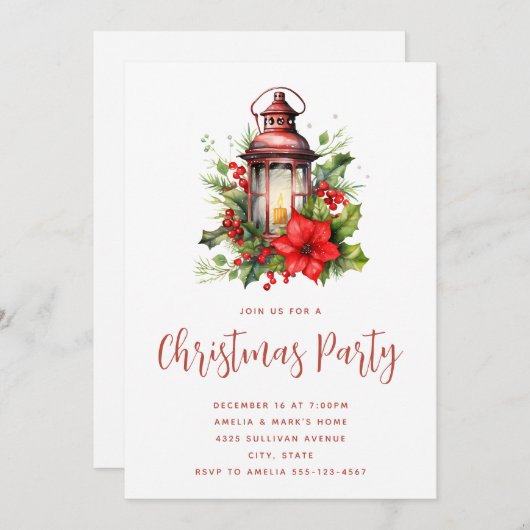 Rode Kerstlantaarn Poinsettia en Pine Party Kaart (Voorkant / Achterkant)