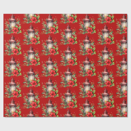 Rode Kerstlantaarn Poinsettia en Pine Pattern Cadeaupapier (Vlak)