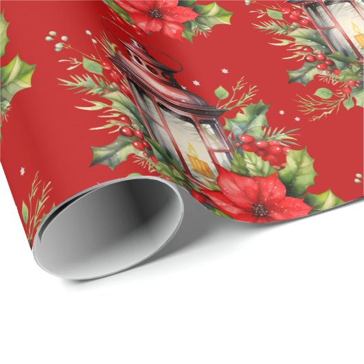 Rode Kerstlantaarn Poinsettia en Pine Pattern Cadeaupapier (Rol Hoek)