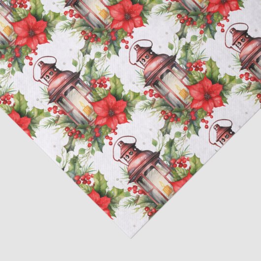 Rode Kerstlantaarn Poinsettia en Pine Pattern Tissuepapier (Detail)