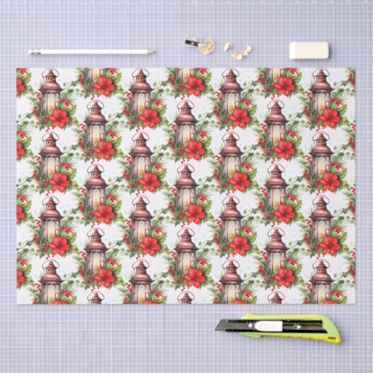 Rode Kerstlantaarn Poinsettia en Pine Pattern Tissuepapier (Craft)