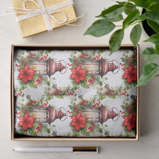 Rode Kerstlantaarn Poinsettia en Pine Pattern Tissuepapier (Geschenk)