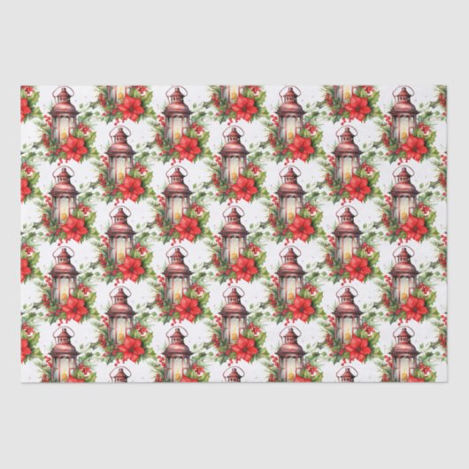 Rode Kerstlantaarn Poinsettia en Pine Pattern Tissuepapier (Voorkant)