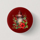 Rode Kerstlantaarn Poinsettia en Pine Ronde Button 3,2 Cm (Voorkant)