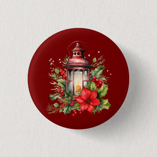 Rode Kerstlantaarn Poinsettia en Pine Ronde Button 3,2 Cm (Voorkant)