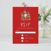 Rode Kerstlantaarn Poinsettia en Pine RSVP Kaartje (Staand voorkant)