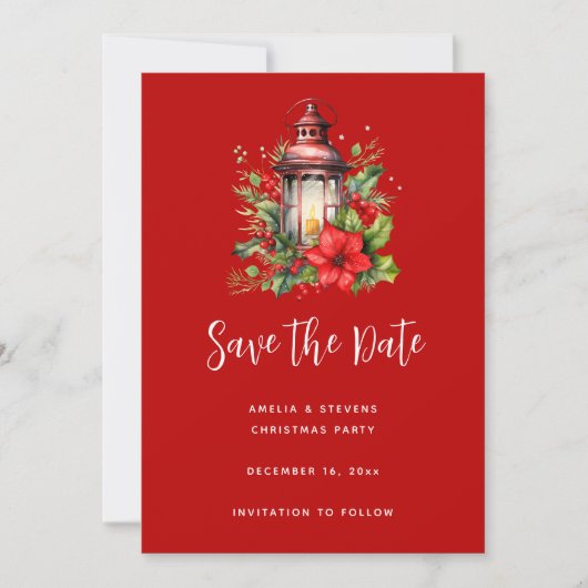 Rode Kerstlantaarn Poinsettia en Pine Save The Date (Voorkant)