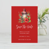 Rode Kerstlantaarn Poinsettia en Pine Save The Date (Staand voorkant)