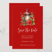 Rode Kerstlantaarn Poinsettia en Pine Save The Date (Voorkant / Achterkant)