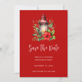 Rode Kerstlantaarn Poinsettia en Pine Save The Date