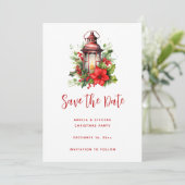 Rode Kerstlantaarn Poinsettia en Pine Save The Date (Staand voorkant)