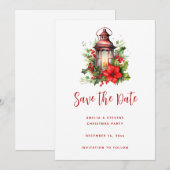 Rode Kerstlantaarn Poinsettia en Pine Save The Date (Voorkant / Achterkant)