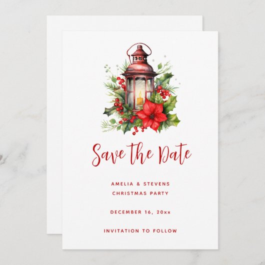 Rode Kerstlantaarn Poinsettia en Pine Save The Date (Voorkant / Achterkant)