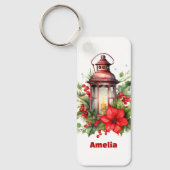 Rode Kerstlantaarn Poinsettia en Pine Sleutelhanger (Voorkant)