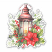 Rode Kerstlantaarn Poinsettia en Pine Sticker (Voorkant)